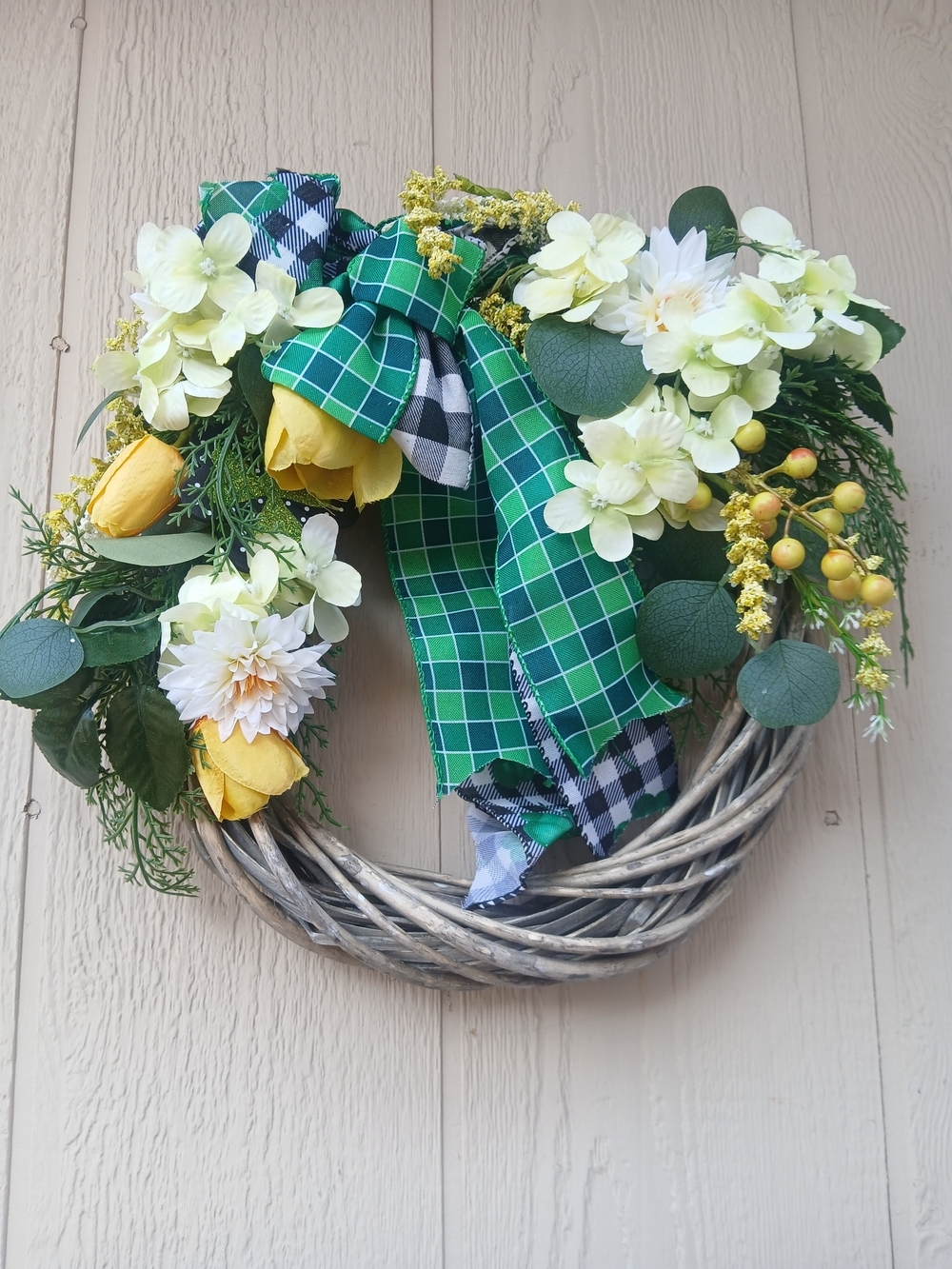 St. Patrick's Day Spring Wreath with Green Plaid Bow & Yellow Accents - Picture 7 of 8